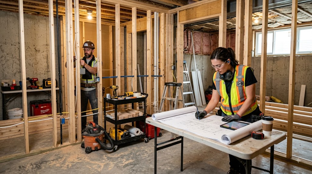 Contractor inspectingframing basement