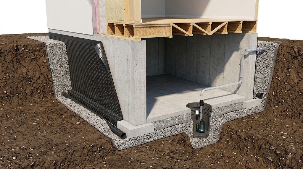 Foundation + drainagewaterproofing cross-section