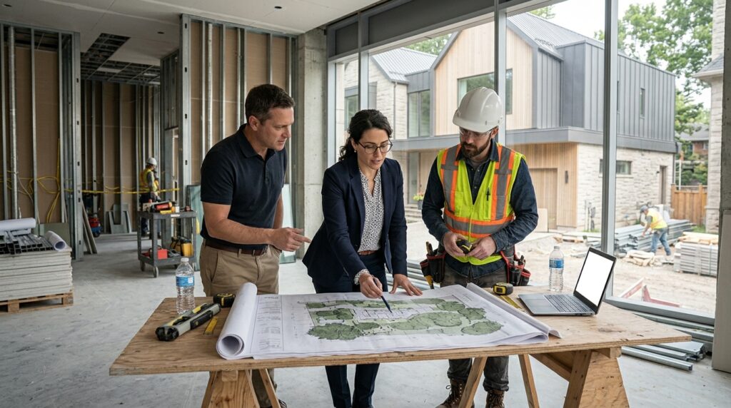 Architect and construction professionals reviewing custom home plans
