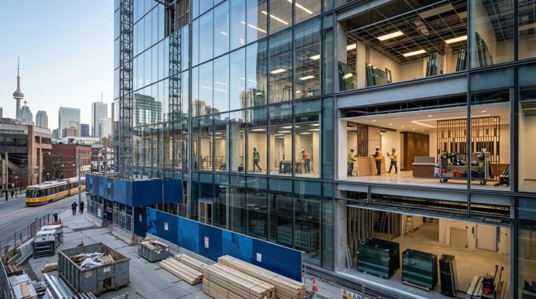 Design-build construction team reviewing commercial renovation plans in Toronto