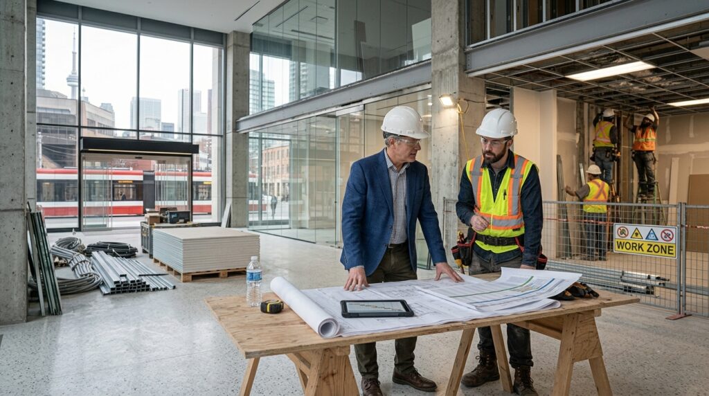 Commercial construction project manager reviewing schedule in Toronto