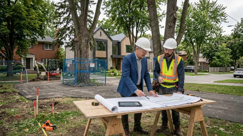 Construction professionals assessing a custom home site in Mississauga