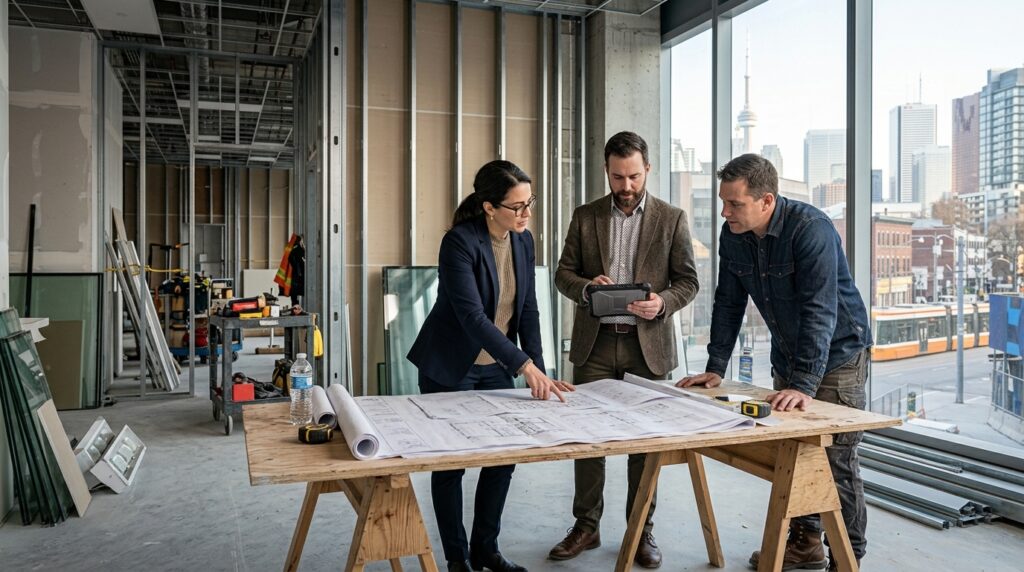 Design-build construction team reviewing commercial renovation plans in Toronto