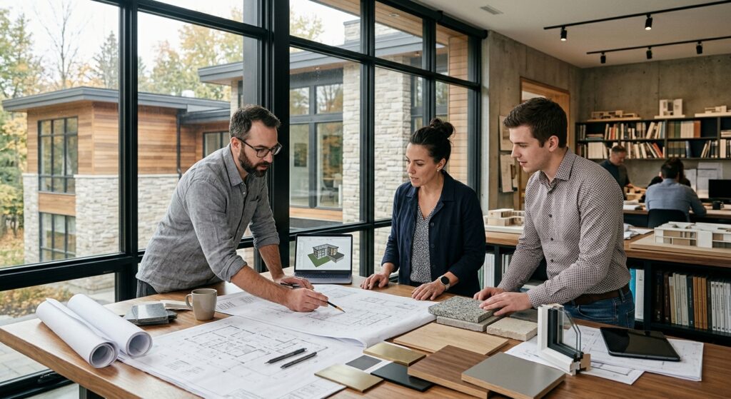 Architect and construction team coordinating a design-build project in Ontario